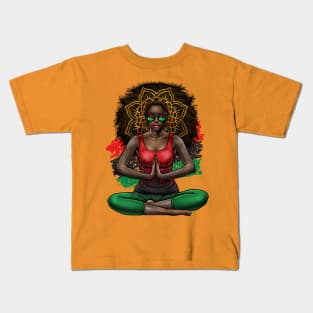 Black Beauty With Afro Love Yoga and Pan African Flag Kids T-Shirt